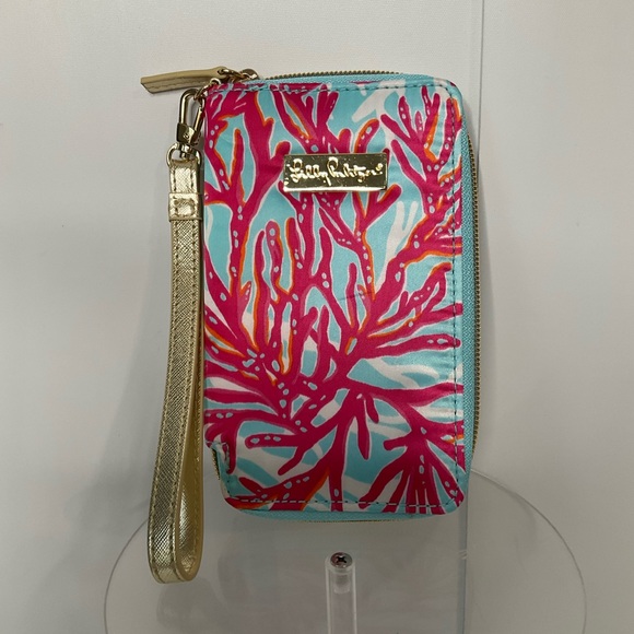 Lily Pulitzer Tiki Palm Design Wristlet Wallet Phone Case Pink Blue Zip Close - Picture 5 of 16